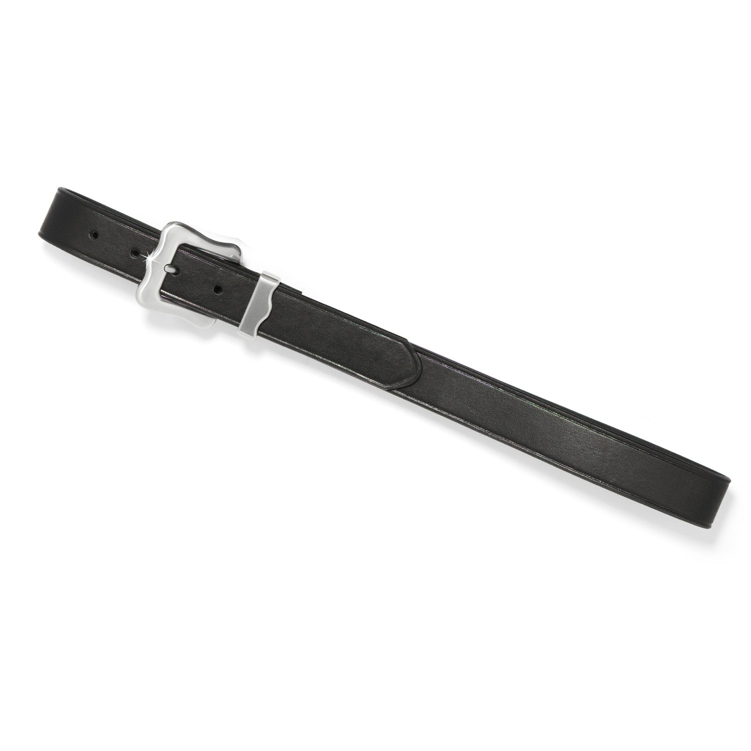 Brighton black leather belt with silver-tone rectangular buckle and single keeper loop on a white background