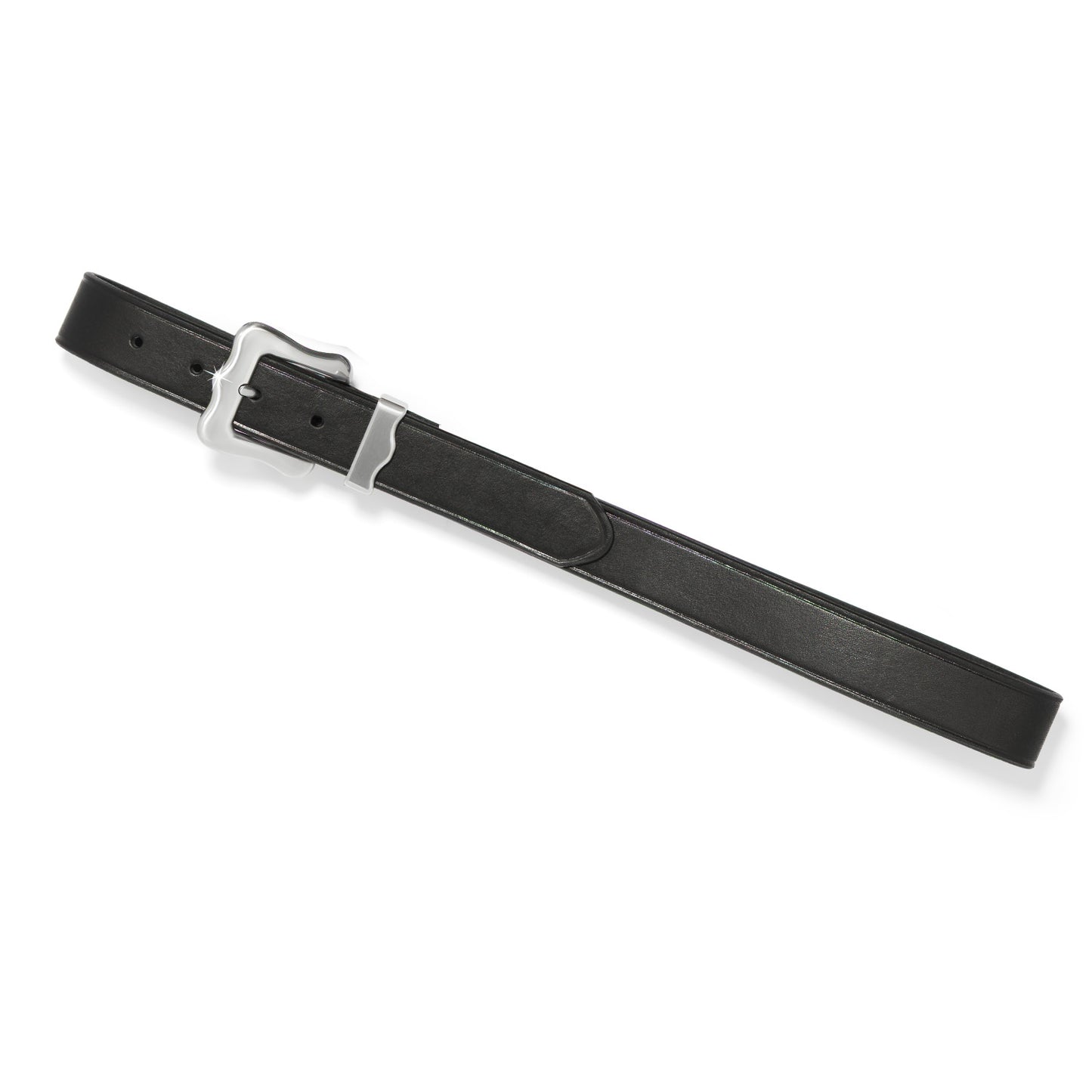 Brighton black leather belt with silver-tone rectangular buckle and single keeper loop on a white background