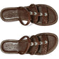 Brighton brown leather sandals with braided straps, silver-tone heart accents, and embossed logo footbed on a white background