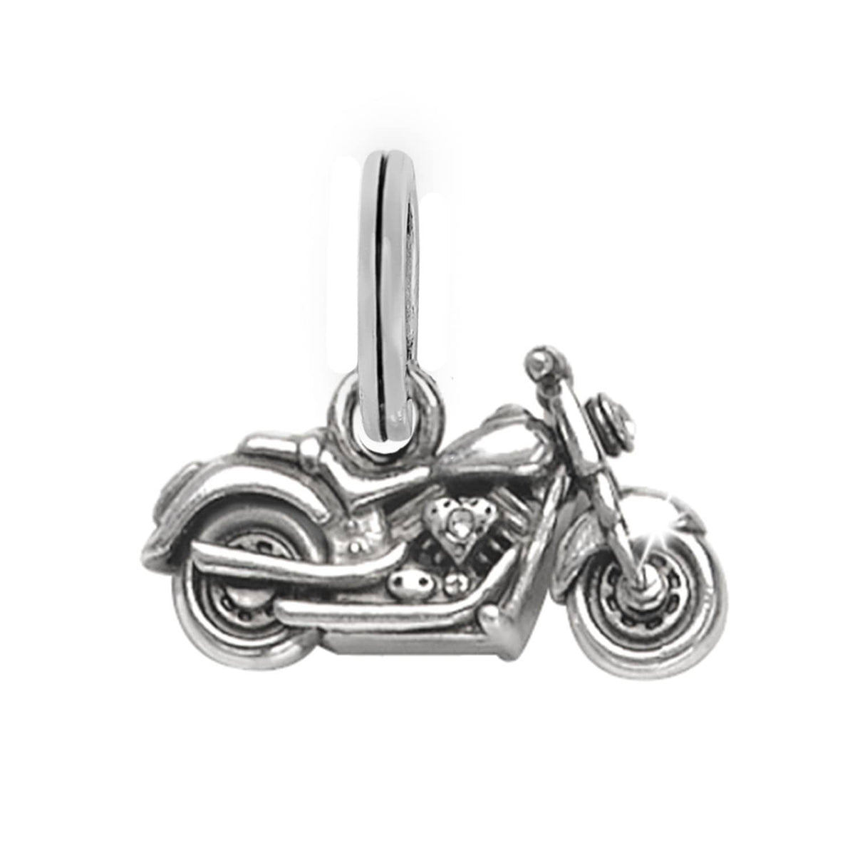 Brighton motorcycle charm with silver-plated finish and detailed engine and wheel design on a white background