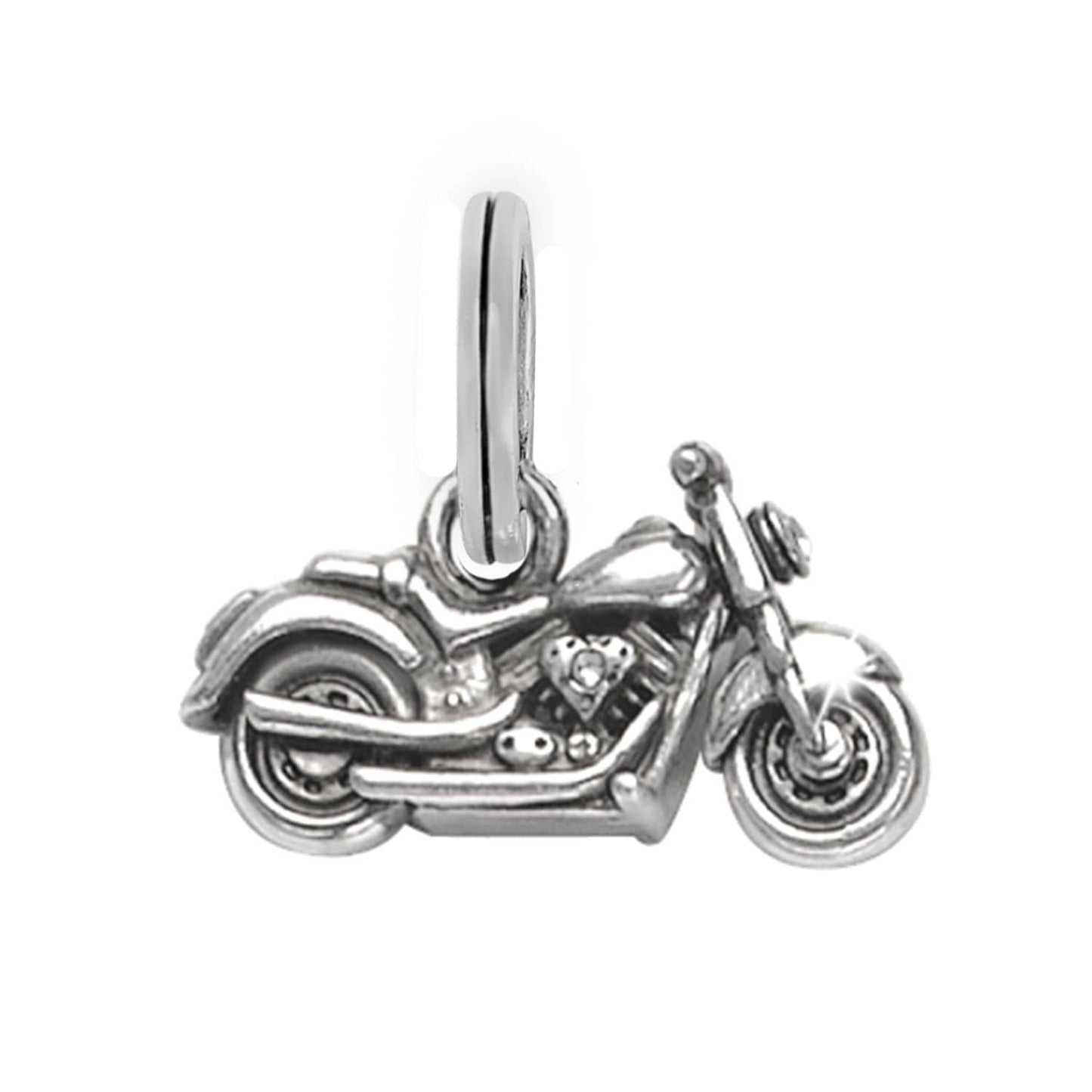 Brighton motorcycle charm with silver-plated finish and detailed engine and wheel design on a white background