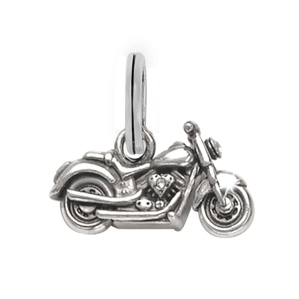 Brighton motorcycle charm with silver-plated finish and detailed engine and wheels on a white background