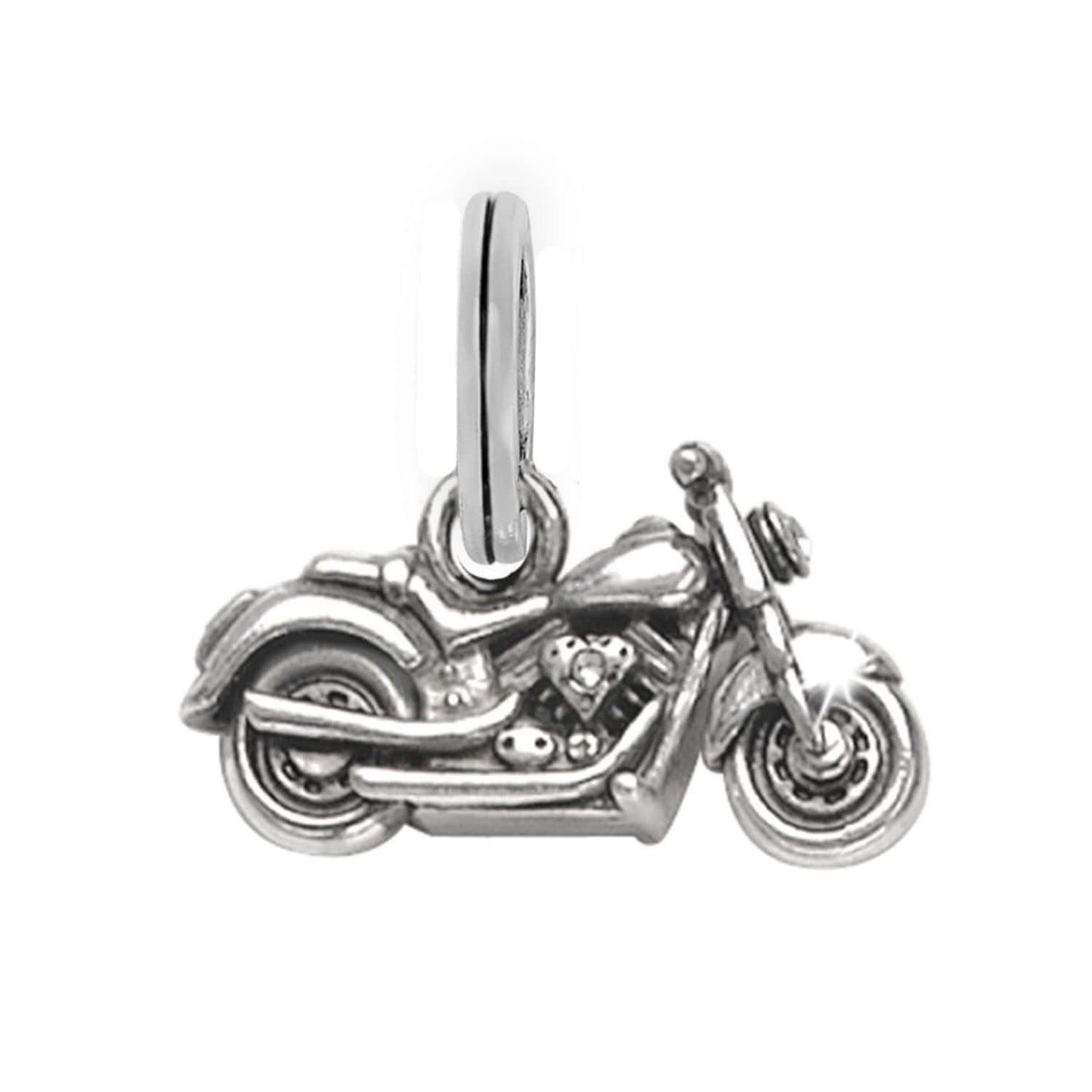 Brighton motorcycle charm with silver-plated finish and detailed engine and wheels on a white background
