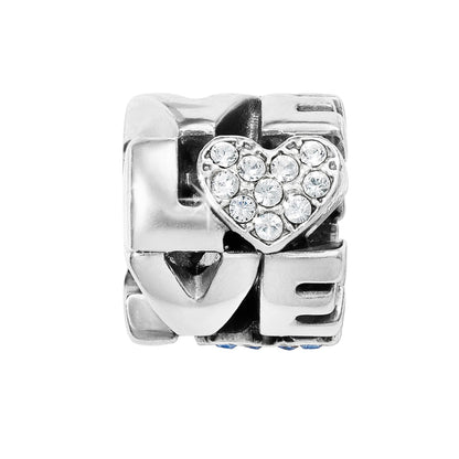 Brighton charm with silver-plated LOVE lettering and crystal pavé heart accent on a white background