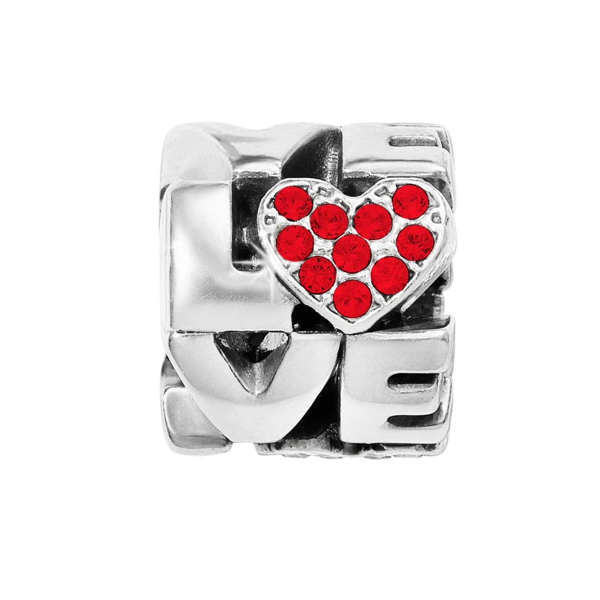 Brighton charm with silver-plated LOVE lettering and red crystal pavé heart accent on a white background