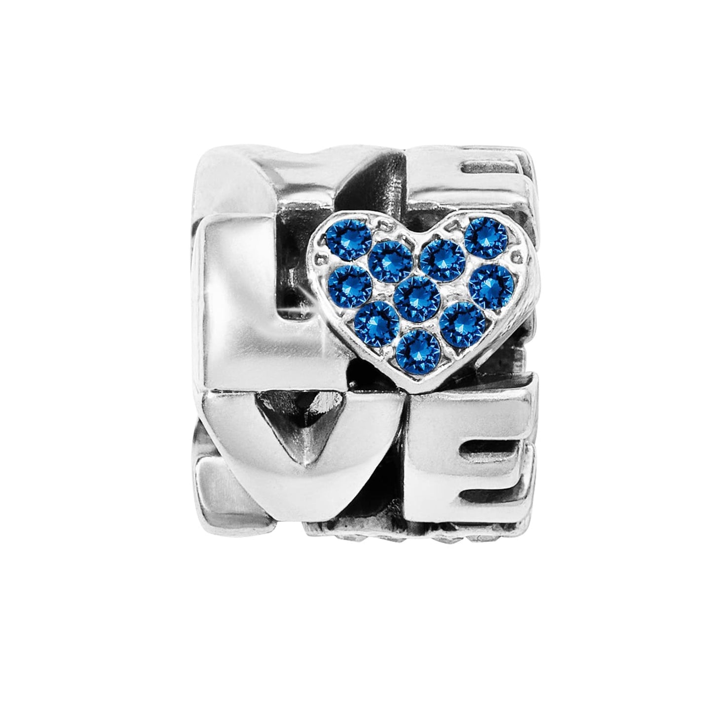 Brighton Love charm with silver-plated lettering and blue crystal heart accent on a white background