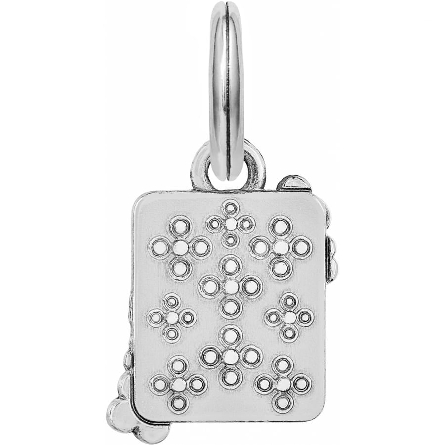 Brighton square charm with silver-plated floral cluster patterns and round top loop on a white background