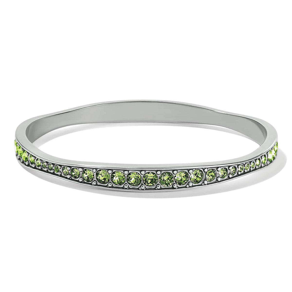 Brighton bangle bracelet with green crystal row and silver-plated finish on a white background