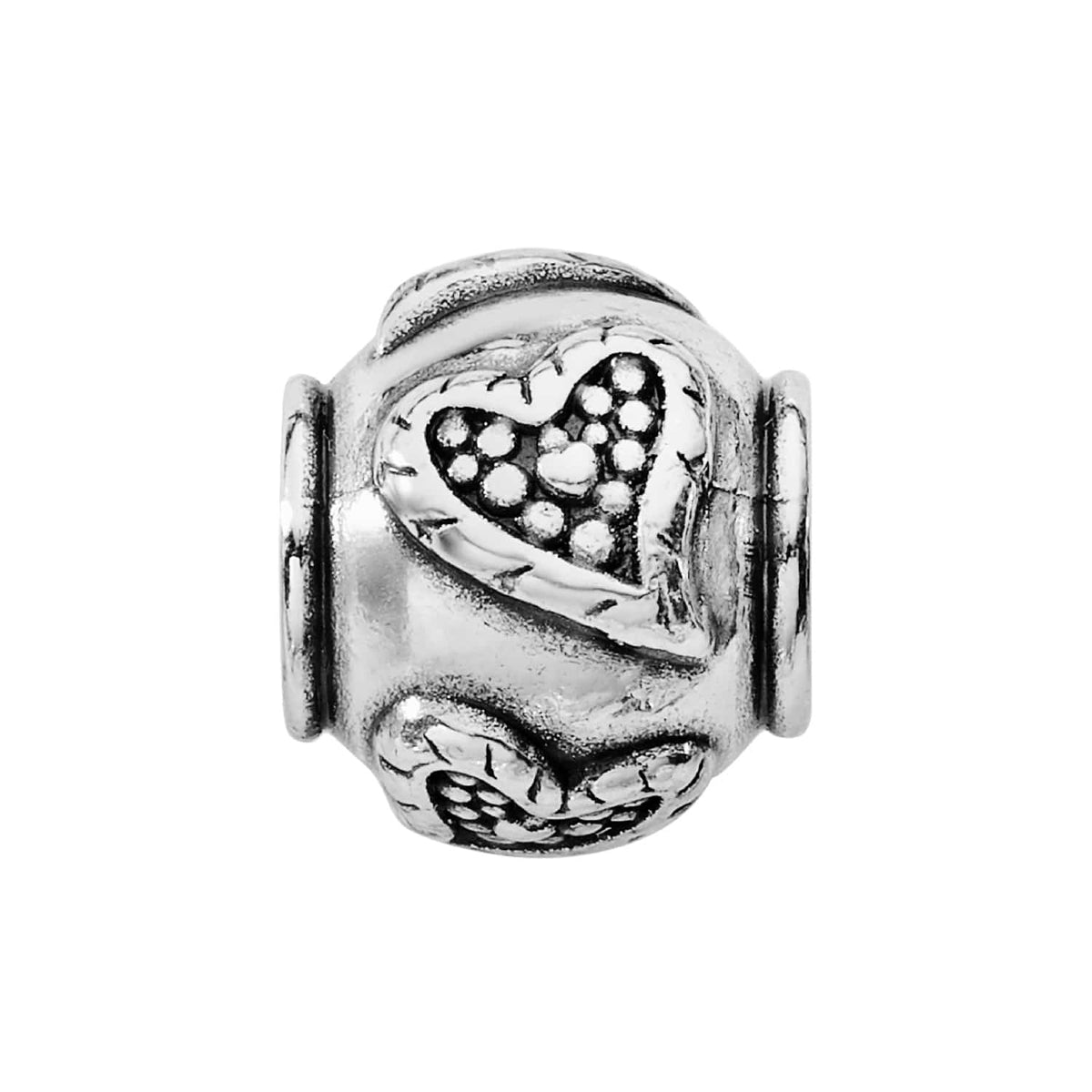 Brighton silver-plated bead charm with raised heart motifs and textured detailing on a white background