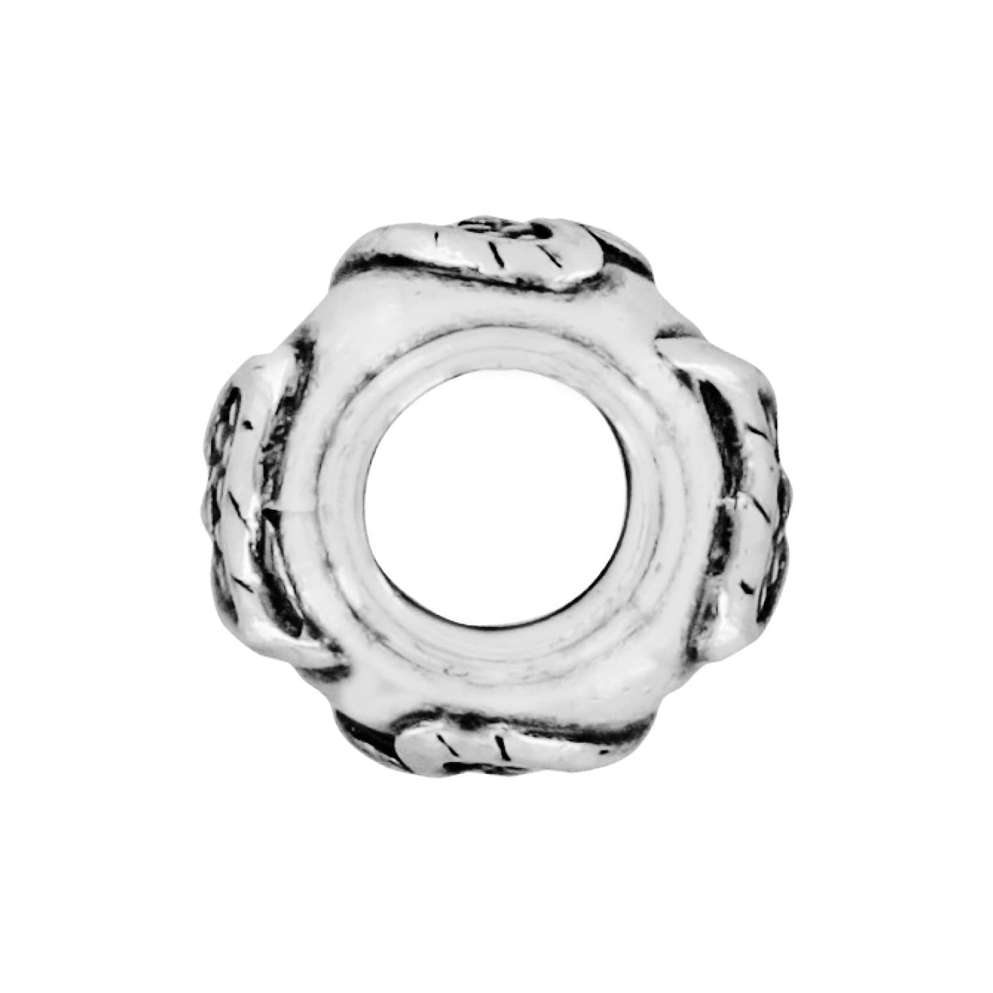 Brighton silver-plated spacer charm bead with braided rope texture and round center opening on a white background