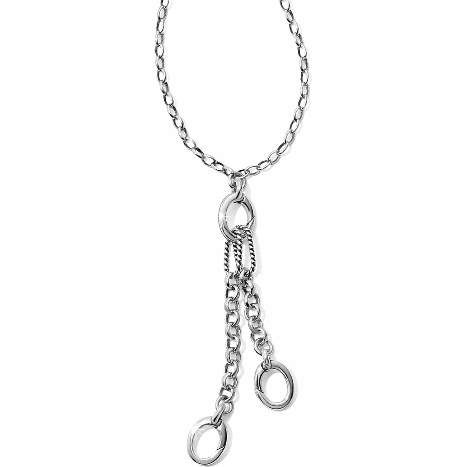 Brighton silver-plated Y-necklace with oval link chain and dual dangling chain drops with ring accents on a white background