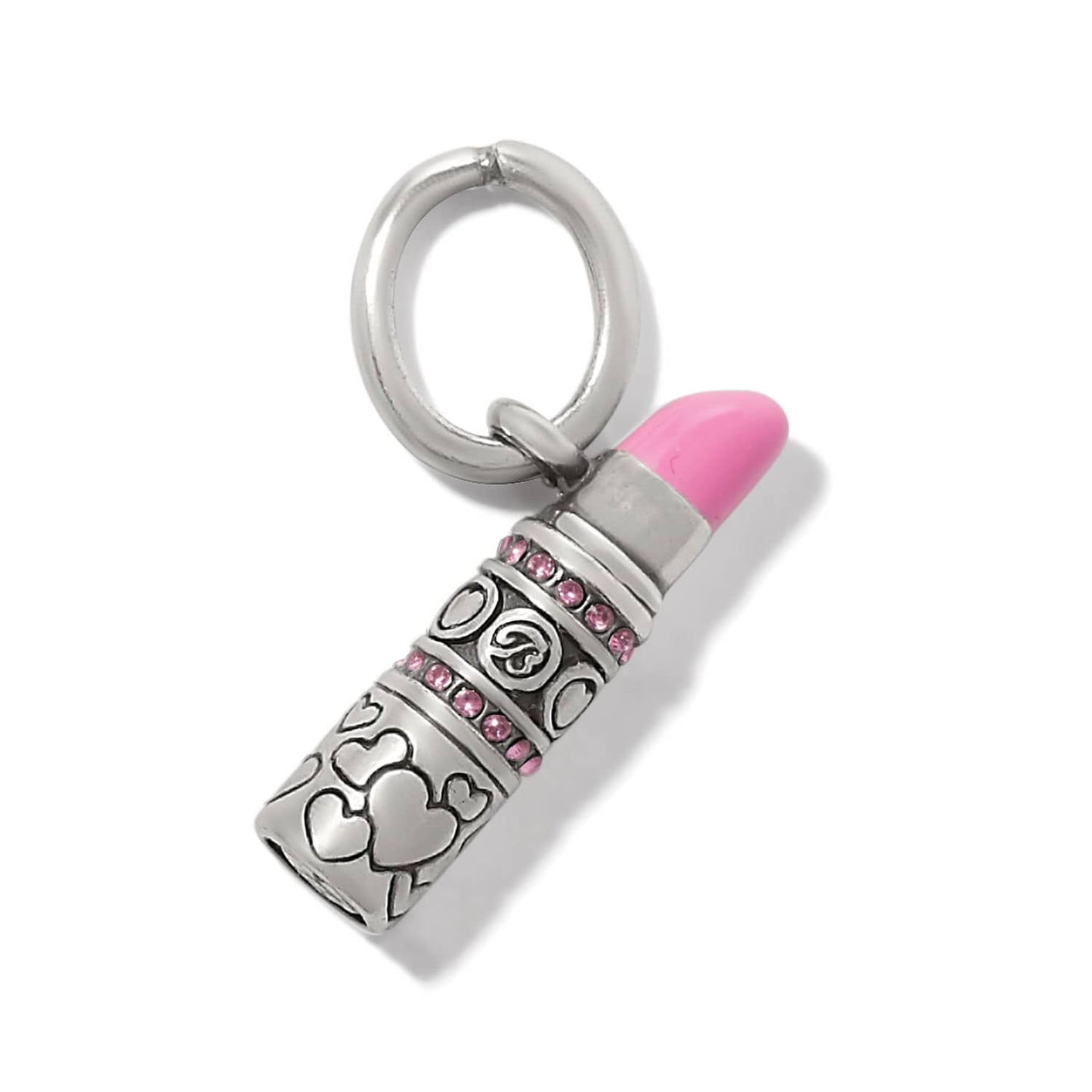 Brighton lipstick charm with pink enamel tip, silver-plated engraved base, and pink crystal accents on a white background
