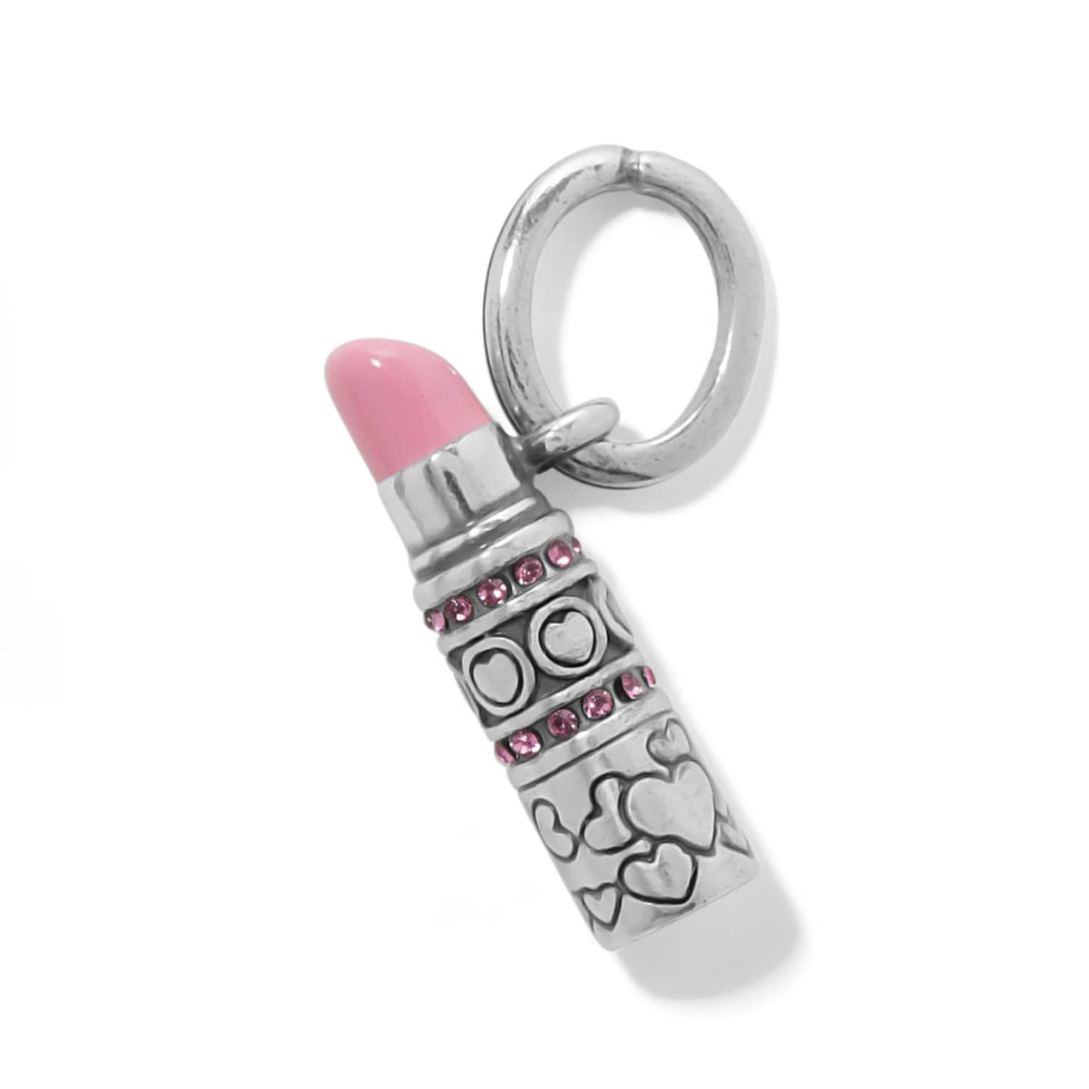 Brighton lipstick charm with pink enamel tip, silver-plated body, heart motifs, and pink crystal accents on a white background