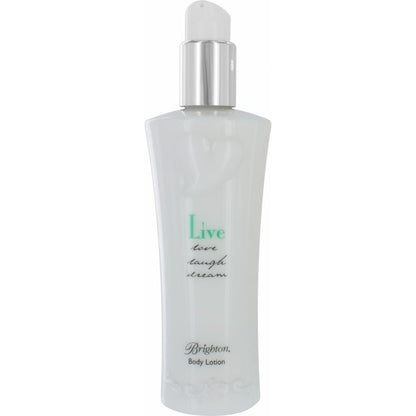 Brighton body lotion in white bottle with silver-tone pump dispenser and Live Love Laugh Dream script on a white background