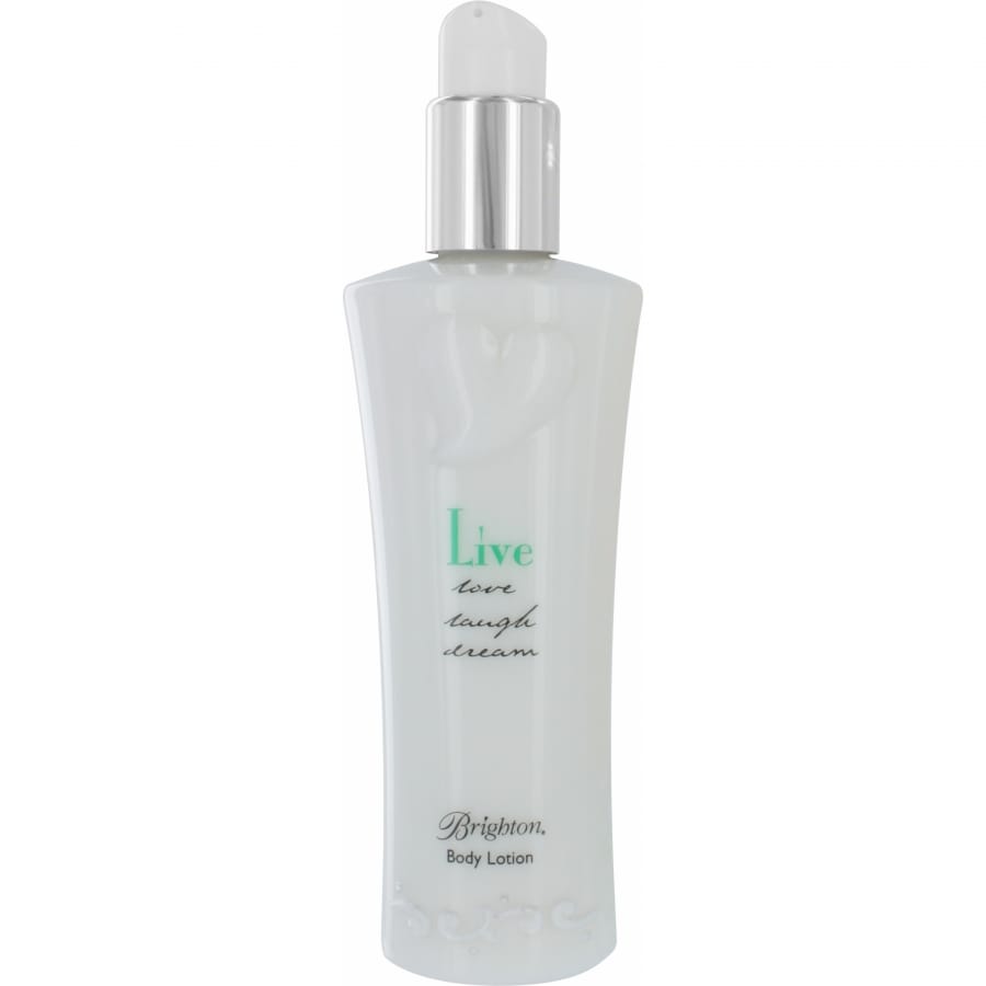 Brighton body lotion in white bottle with silver-tone pump dispenser and Live Love Laugh Dream script on a white background
