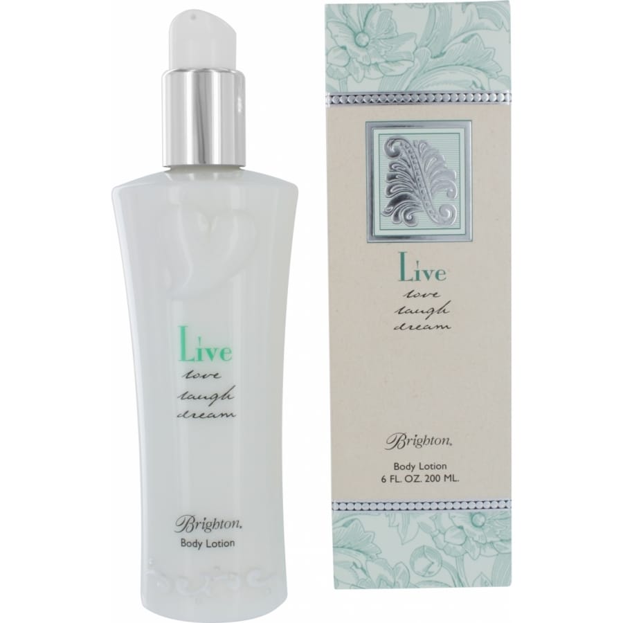 Brighton body lotion bottle with silver-tone pump beside green floral printed box labeled Live Love Laugh Dream on a white background