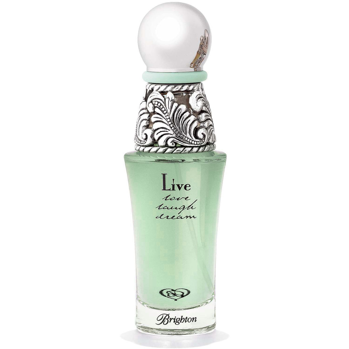 Brighton perfume bottle with green liquid, ornate silver-tone scrollwork cap, and Live Love Laugh Dream text on a white background