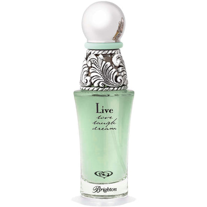 Brighton perfume bottle with green liquid, ornate silver-tone scrollwork cap, and Live Love Laugh Dream text on a white background