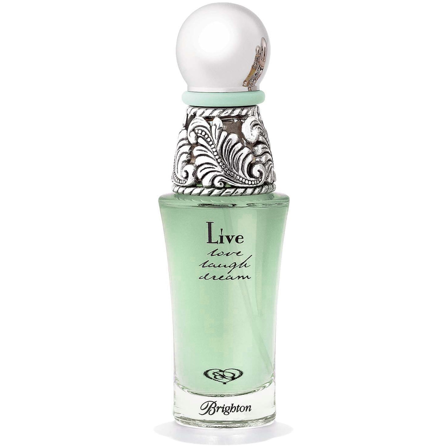 Brighton perfume bottle with green liquid, ornate silver-tone scrollwork cap, and Live Love Laugh Dream text on a white background