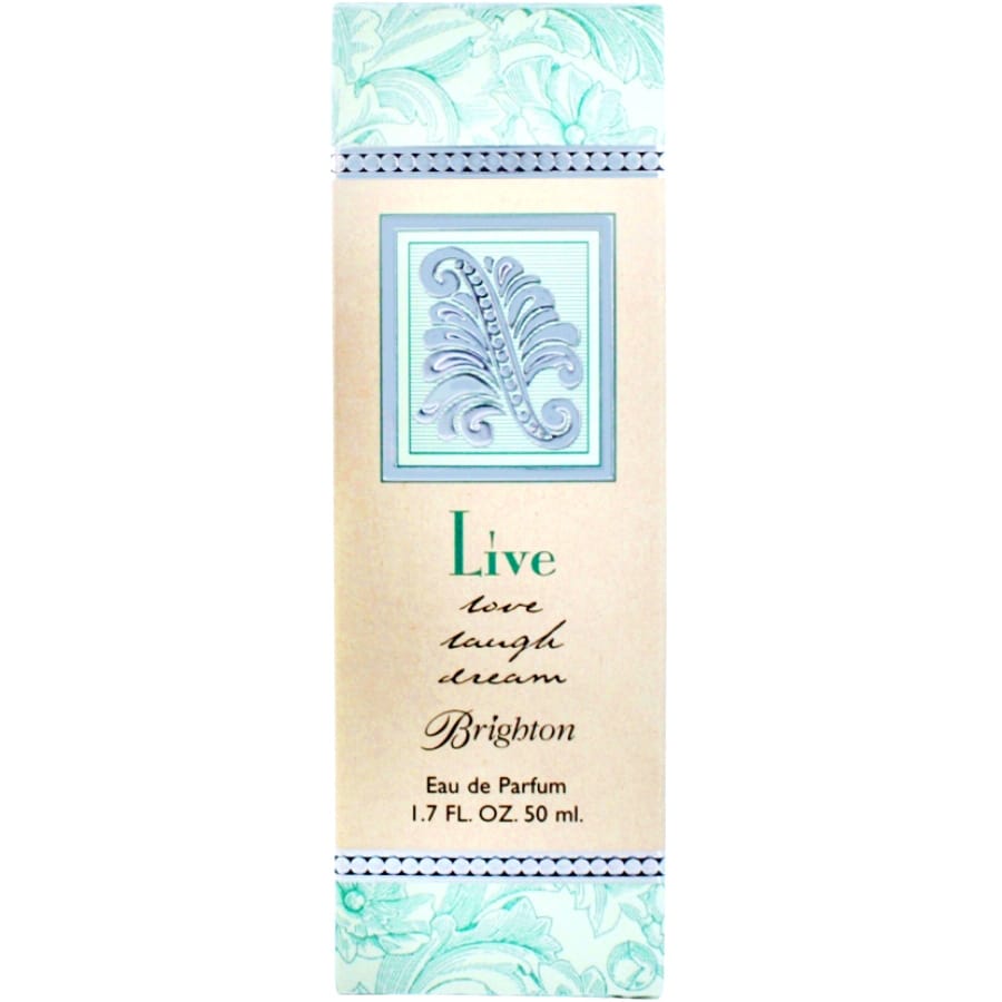 Brighton Eau de Parfum box with green floral pattern, ornate silver emblem, and script Live Love Laugh Dream on a white background