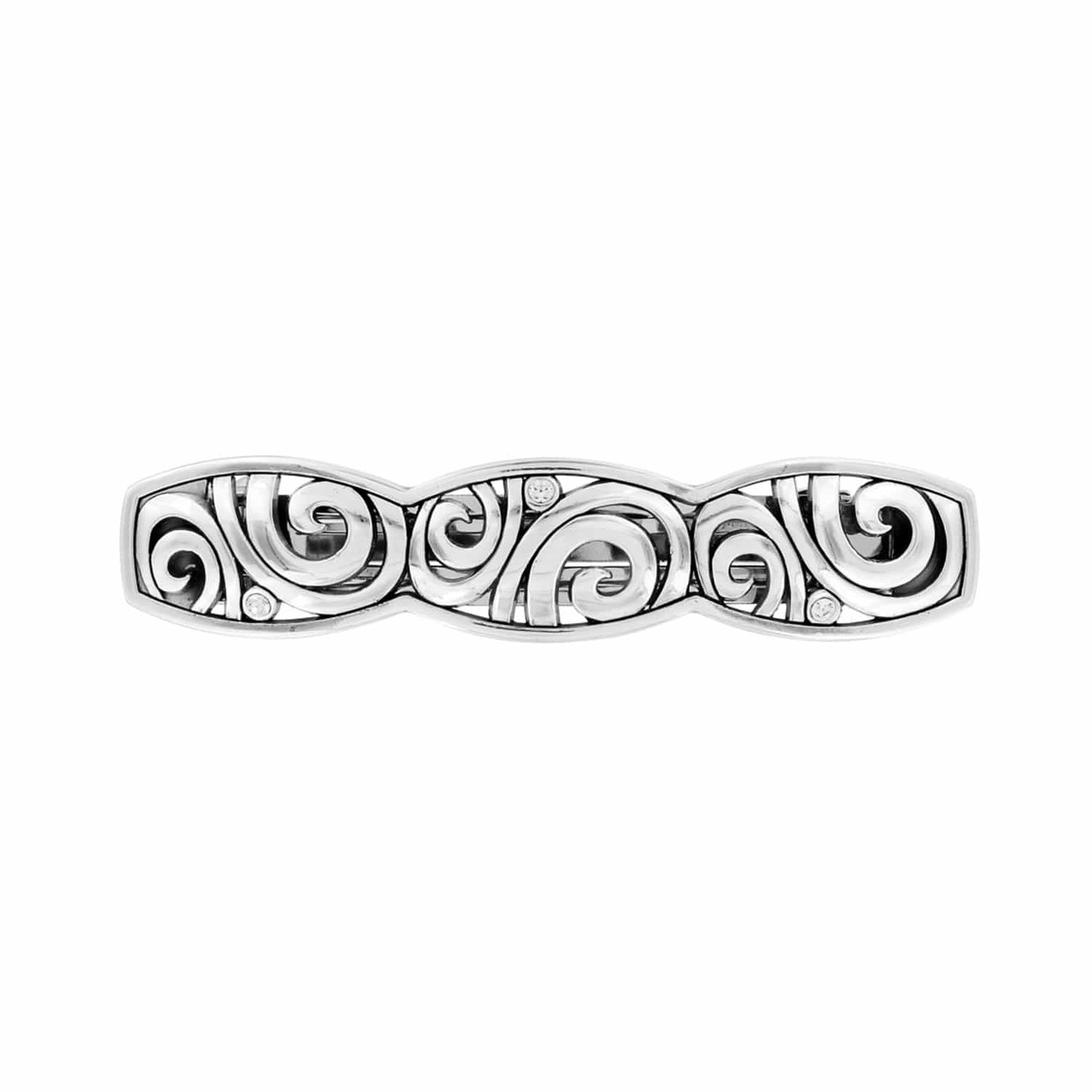 Brighton hair barrette with silver-plated openwork scroll design and small crystal accents on a white background