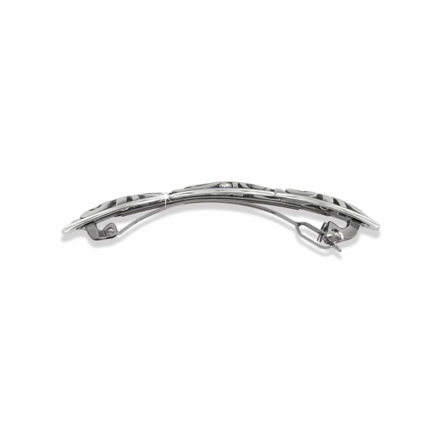 Brighton hair barrette shown from the back with silver-plated curved clasp mechanism on a white background