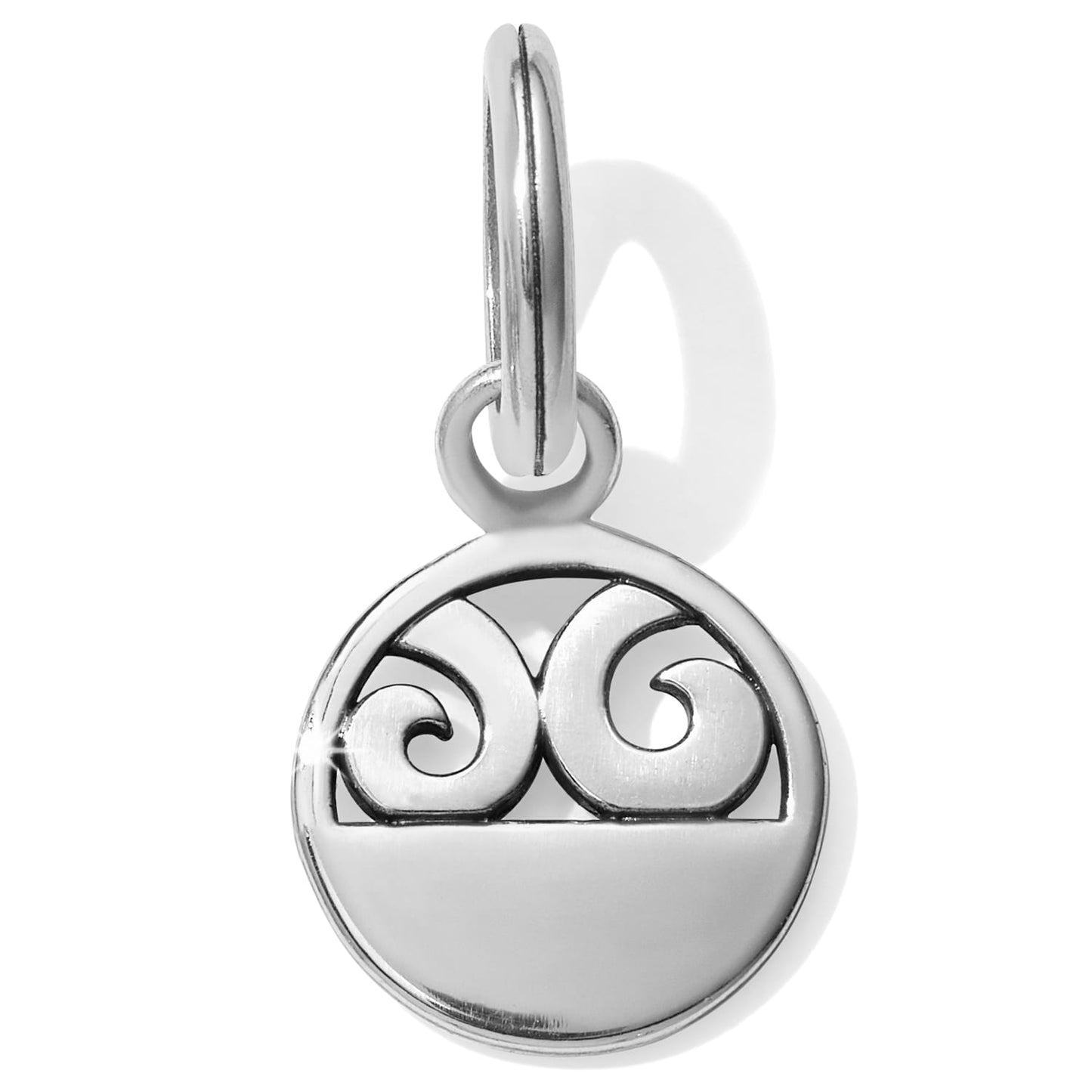 Brighton round charm with silver-plated scroll design and split ring on a white background
