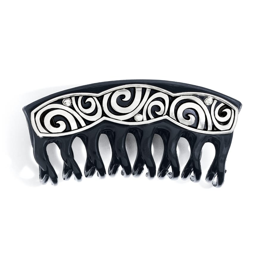 Brighton black hair comb with silver-plated swirl design and crystal accents on a white background