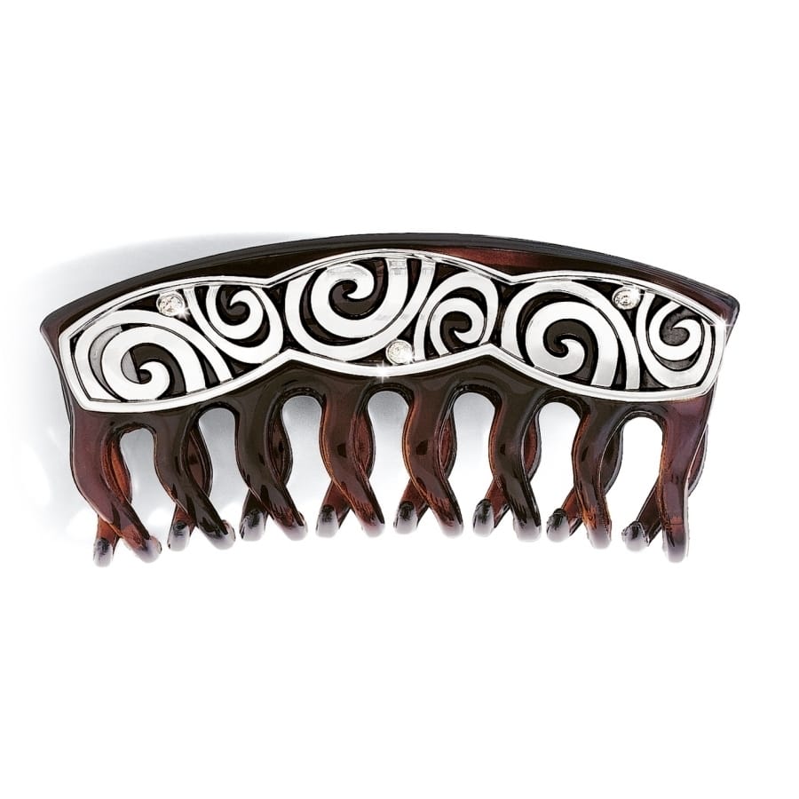 Brighton tortoise hair comb with silver-plated swirl design and crystal accents on a white background