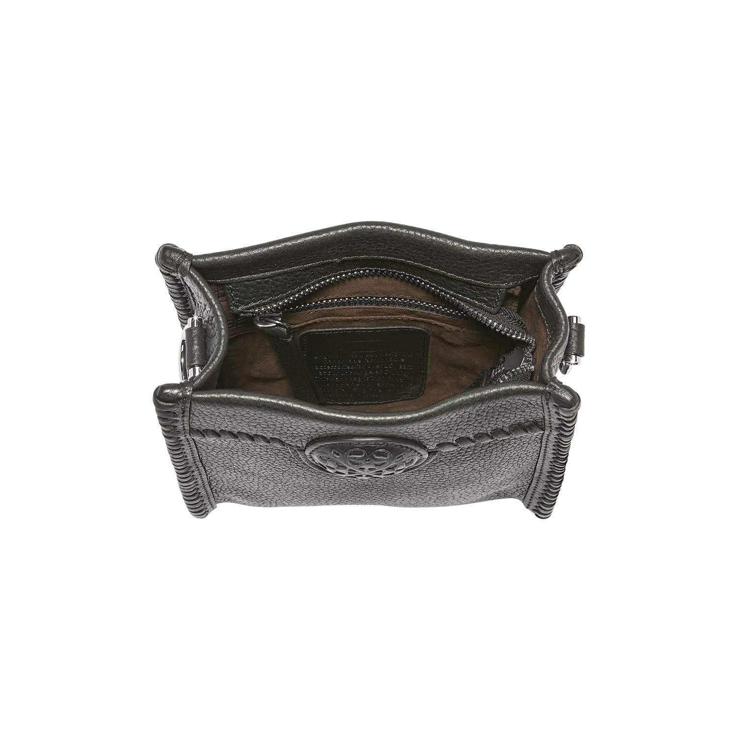 Brighton handbag interior view in black leather with zippered pocket and brown fabric lining on a white background