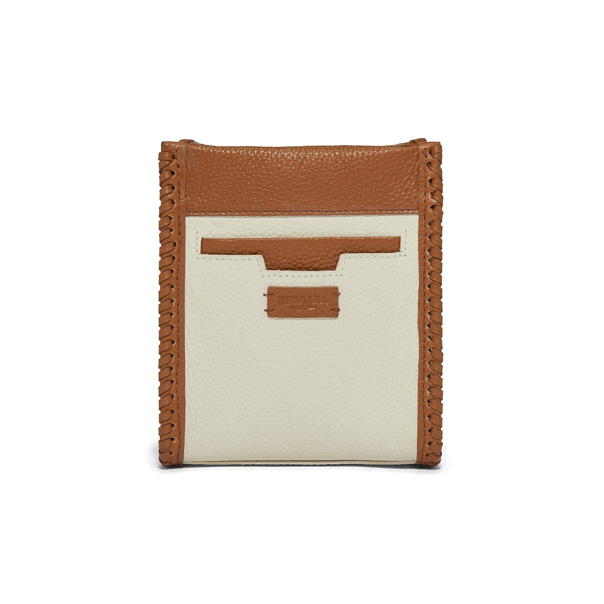 Brighton crossbody bag in cream and tan leather with whipstitched edges and embossed logo patch on a white background