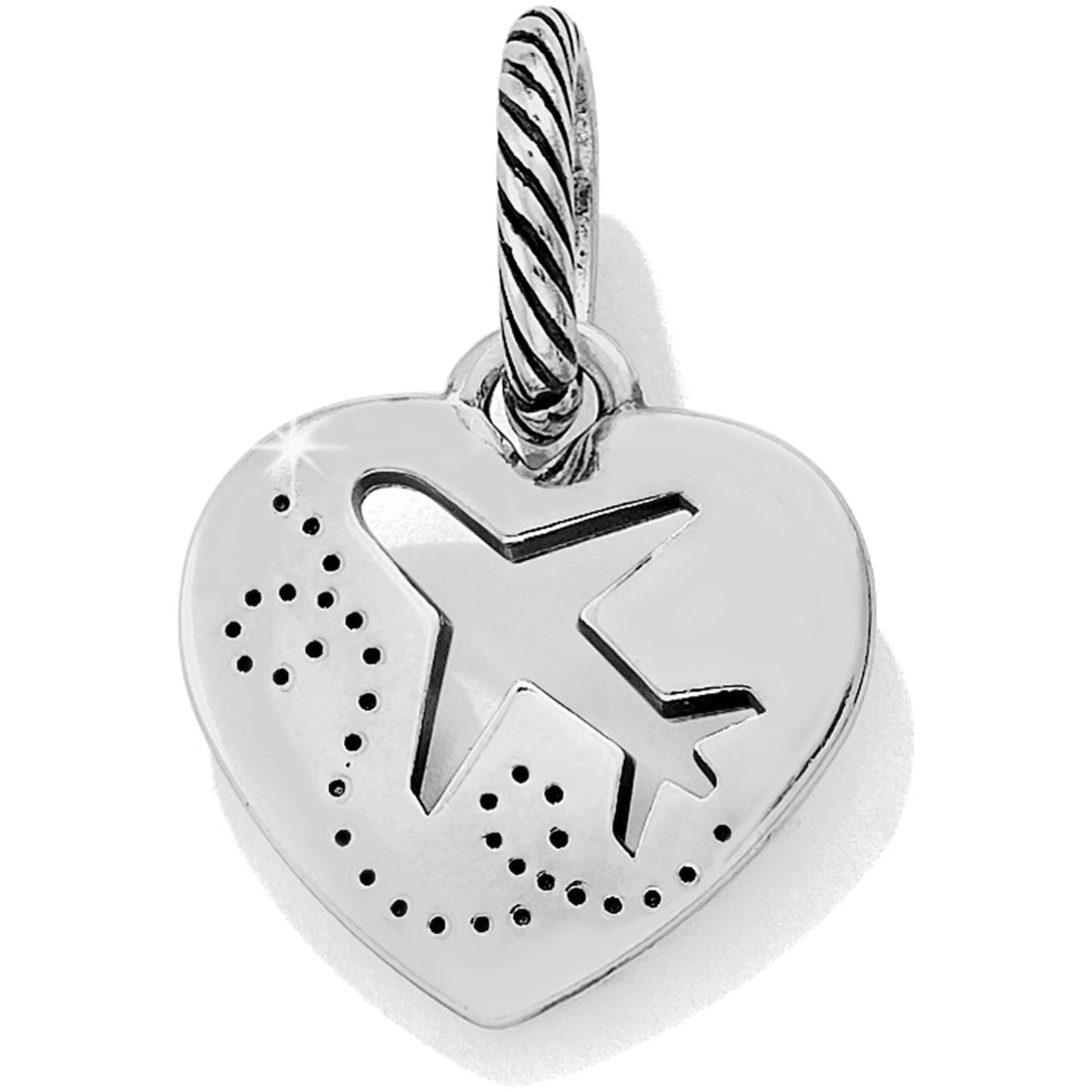 Brighton heart charm with silver-plated airplane and dotted travel path design and cable-textured bail on a white background