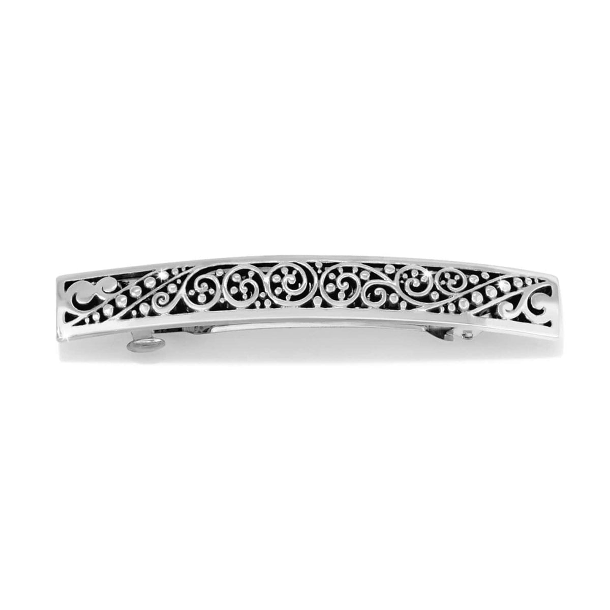 Brighton silver-plated hair barrette with intricate scrollwork and beaded openwork design on a white background
