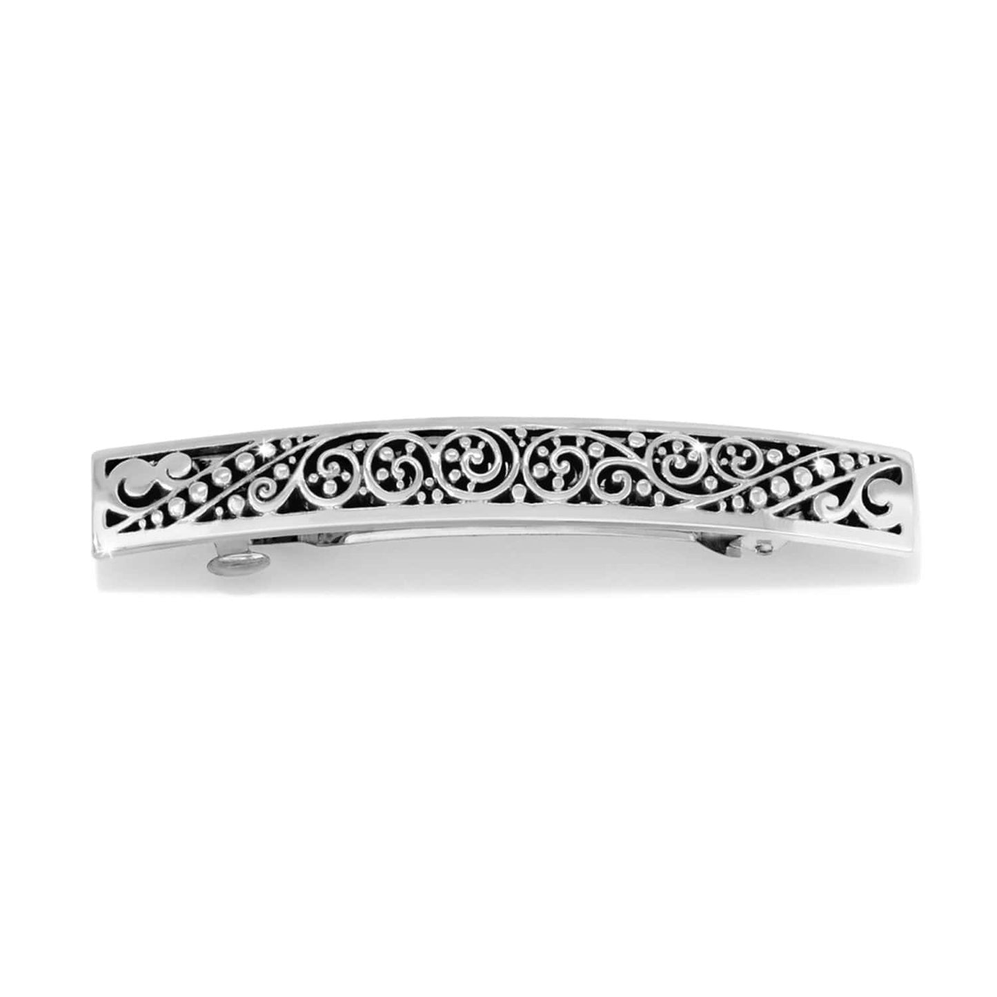 Brighton silver-plated hair barrette with intricate scrollwork and beaded openwork design on a white background