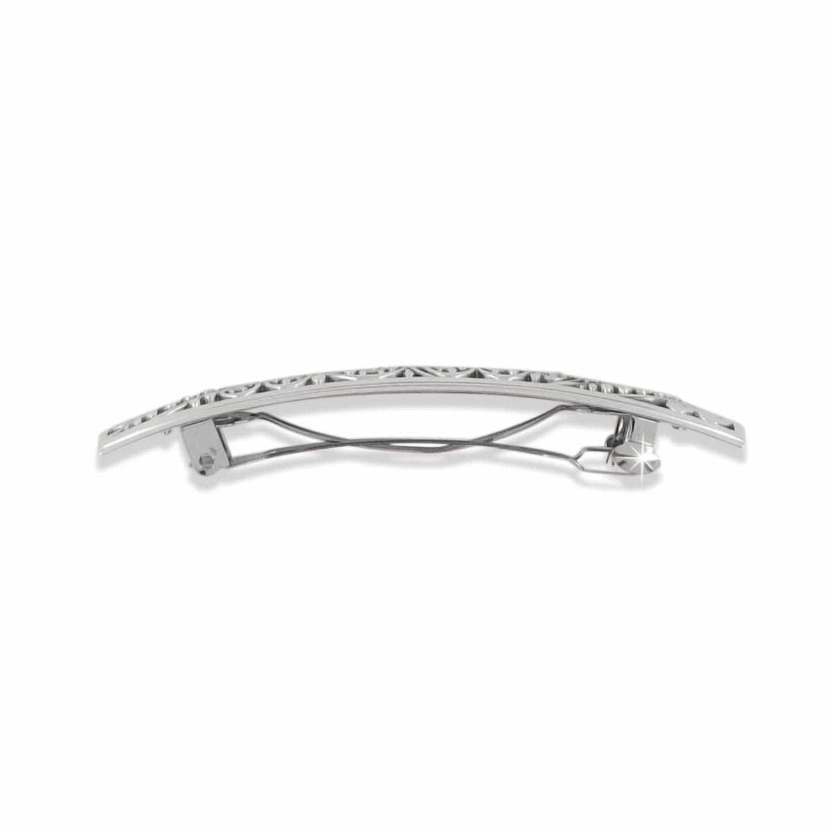 Brighton hair barrette shown from the back with silver-plated clasp mechanism and openwork filigree detail on a white background
