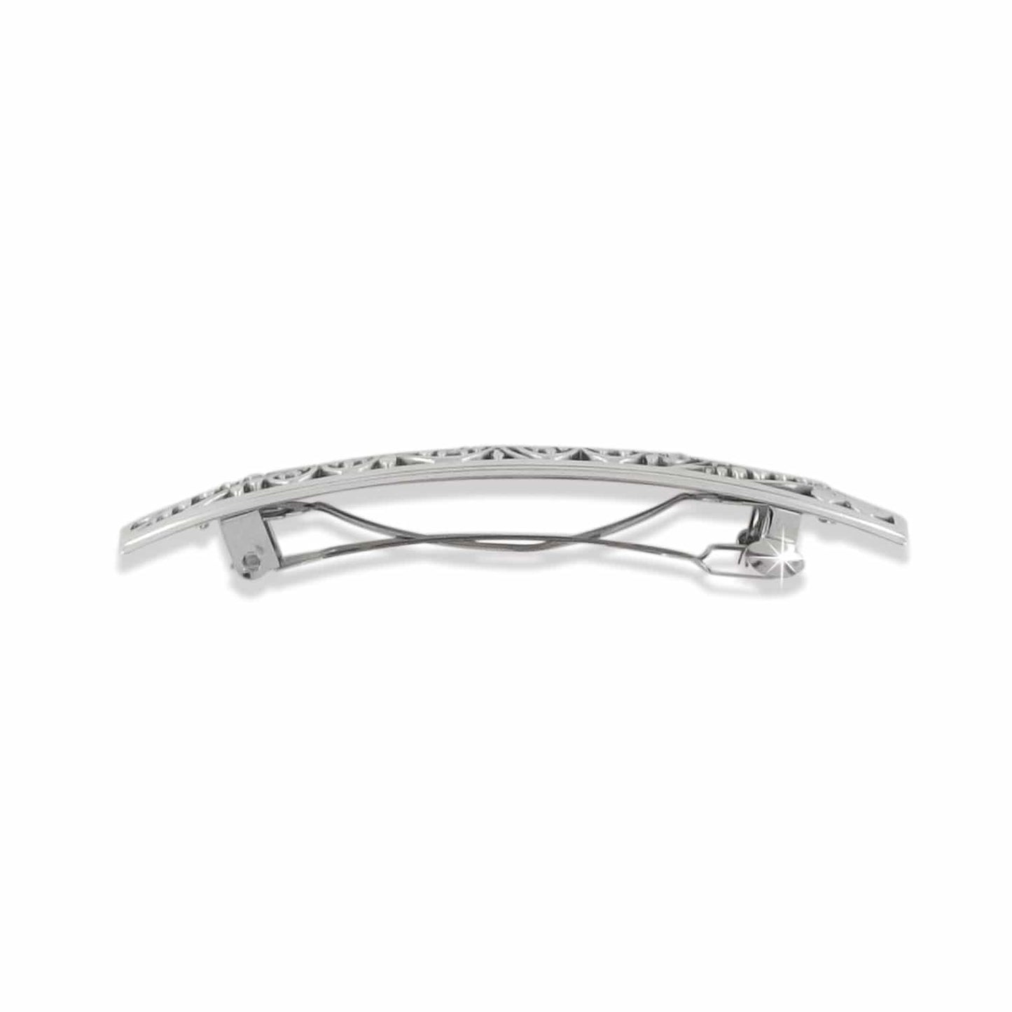 Brighton hair barrette shown from the back with silver-plated clasp mechanism and openwork filigree detail on a white background