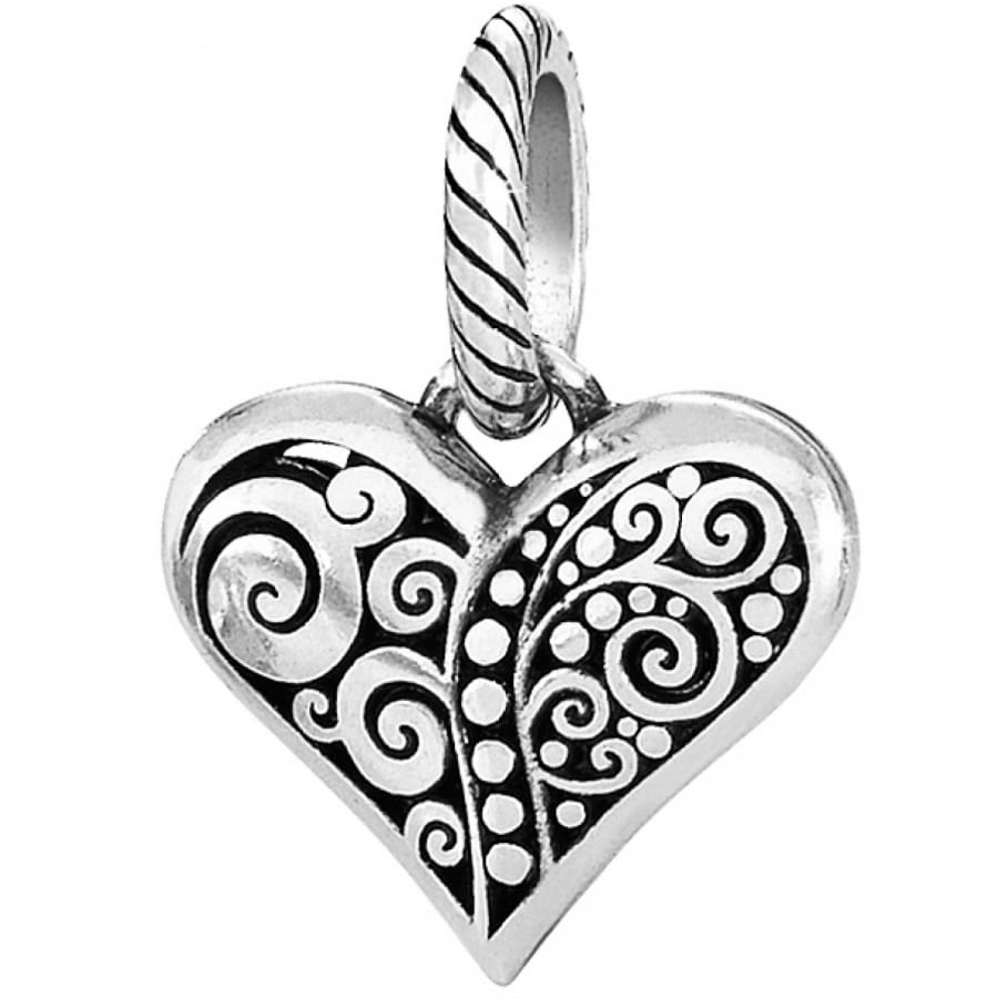 Brighton heart charm pendant with silver-plated swirl and dot filigree design and rope-textured bail on a white background