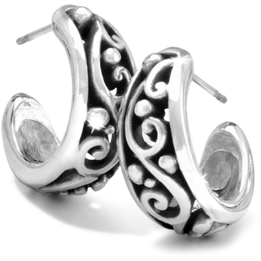 Brighton hoop earrings with silver-plated scroll and dot openwork design shown as a pair on a white background