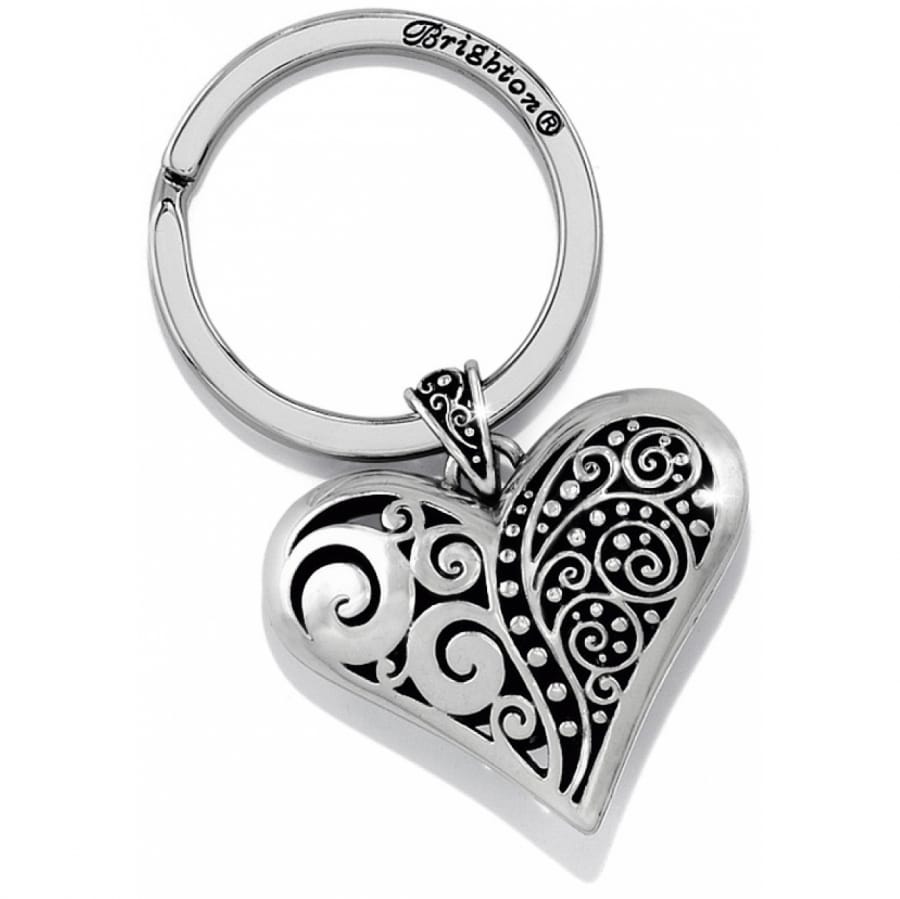 Brighton heart keychain with silver-plated scroll and dot filigree details and split ring on a white background