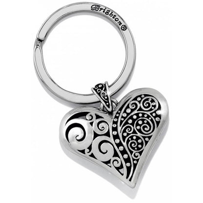 Brighton heart keychain with silver-plated scroll and dot filigree details and split ring on a white background