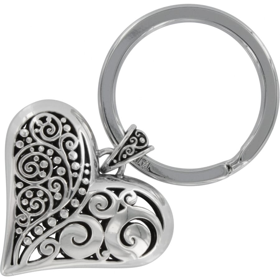 Brighton keychain with silver-plated filigree heart charm and split ring featuring scroll and dot detailing on a white background