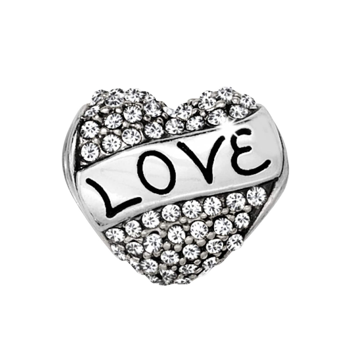 Brighton heart charm with pave crystals and silver-plated Love banner across the center on a white background