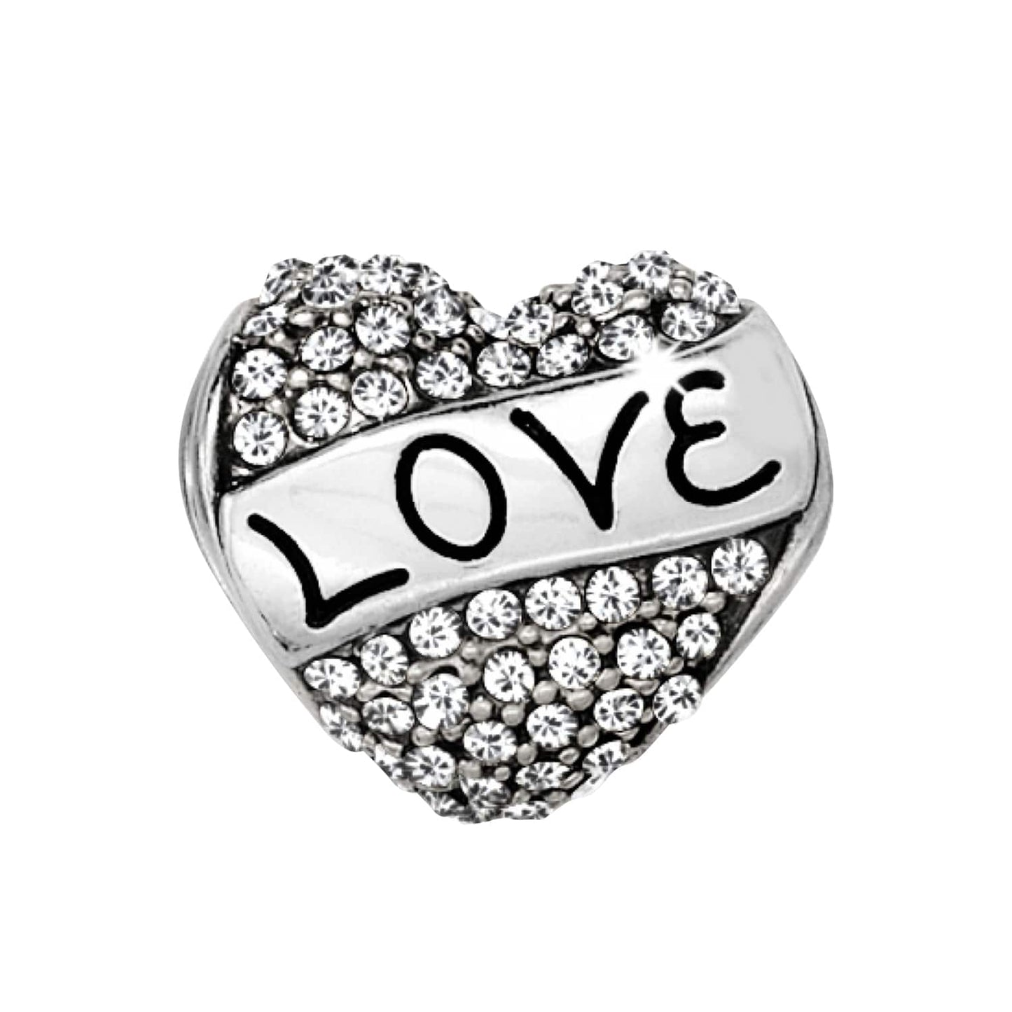 Brighton heart charm with pave crystals and silver-plated Love banner across the center on a white background