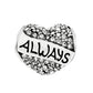 Brighton heart charm with pave crystals and silver-plated banner engraved with the word Always on a white background