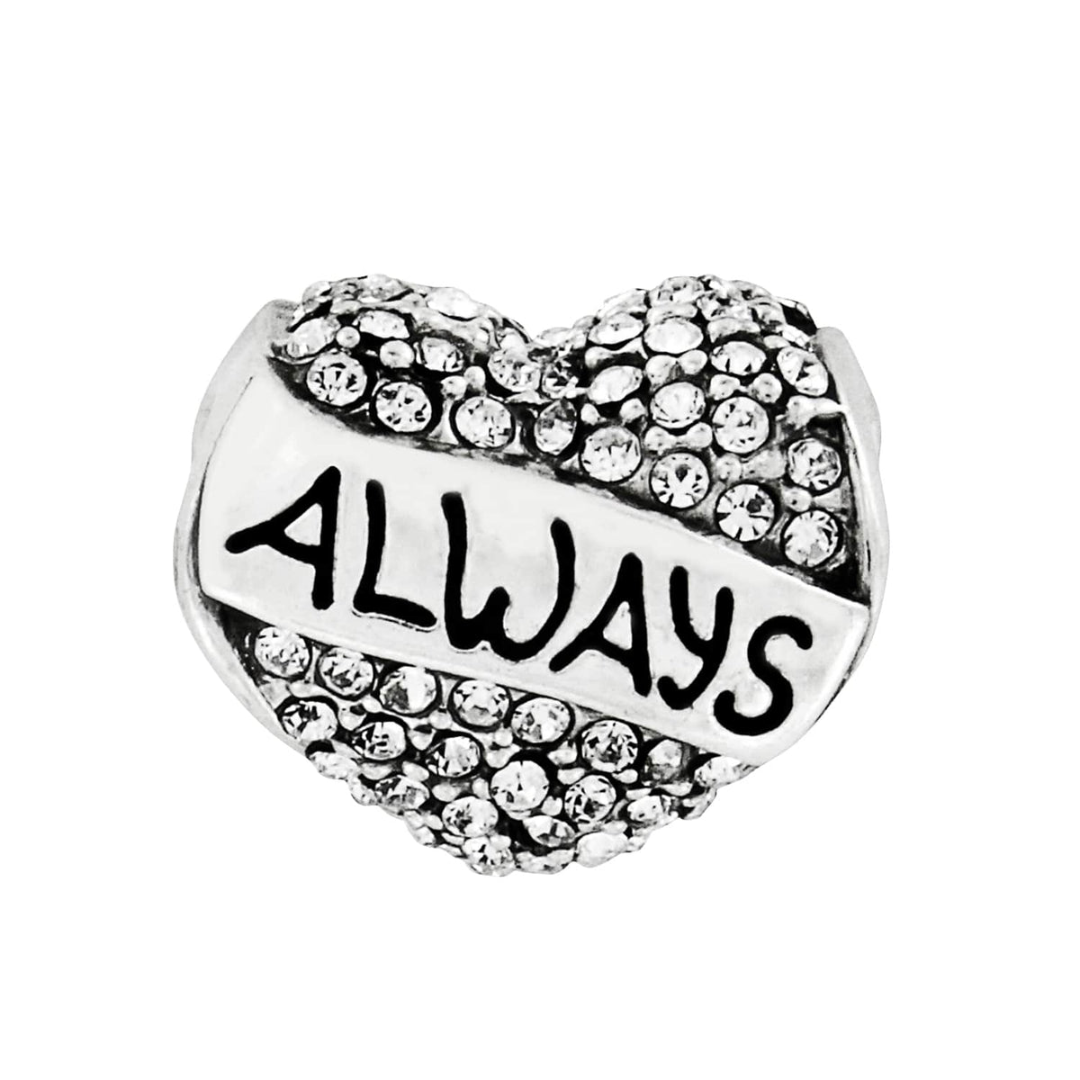 Brighton heart charm with pave crystals and silver-plated banner engraved with the word Always on a white background