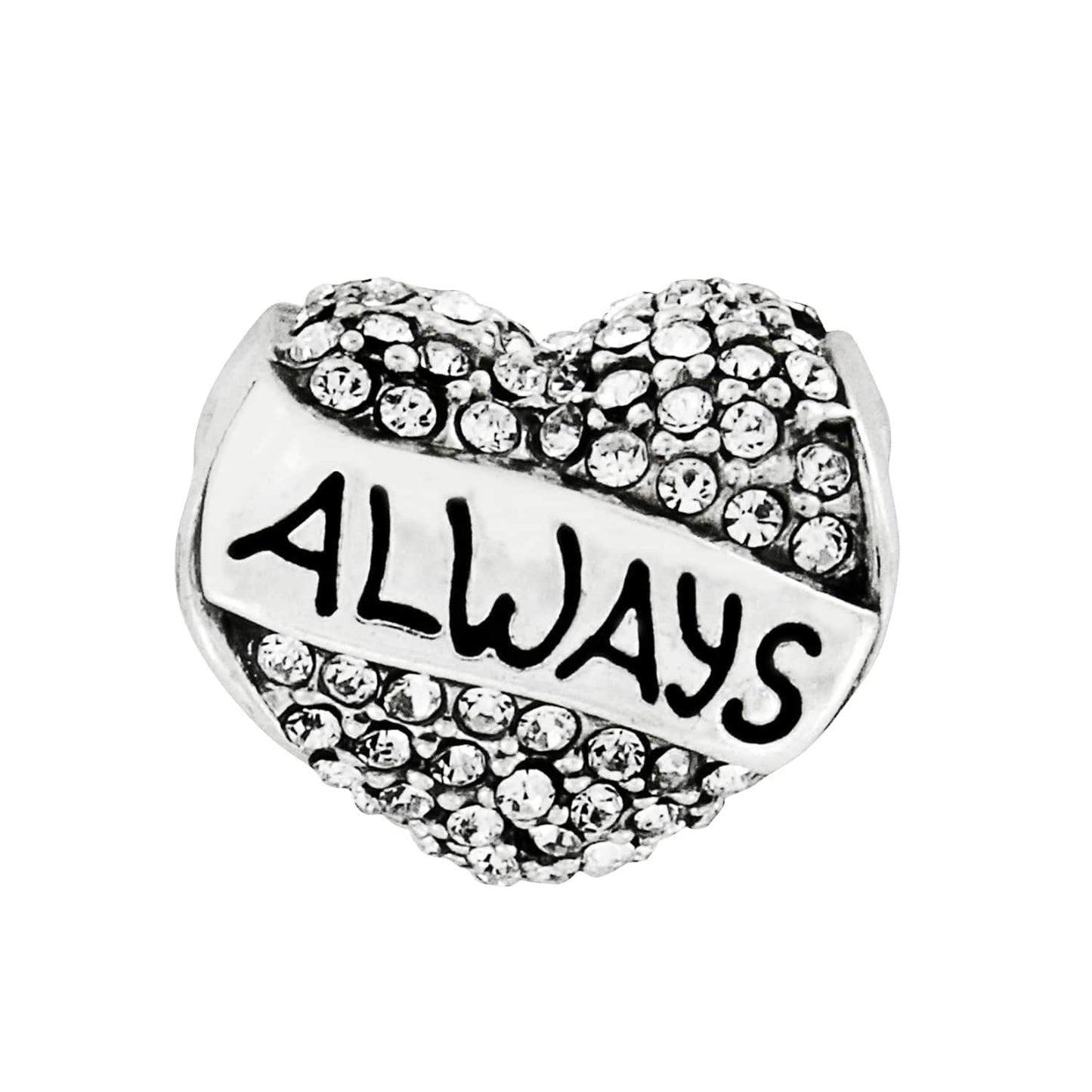 Brighton heart charm with pave crystals and silver-plated banner engraved with the word Always on a white background