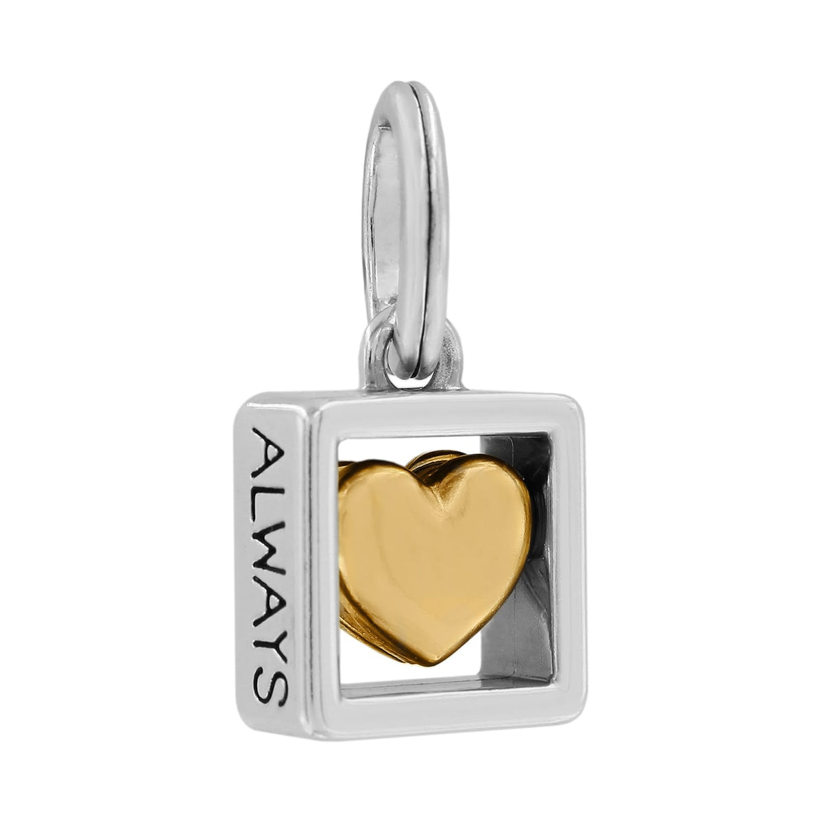 Brighton charm with gold-tone heart inside silver-tone square frame engraved with Always on a white background