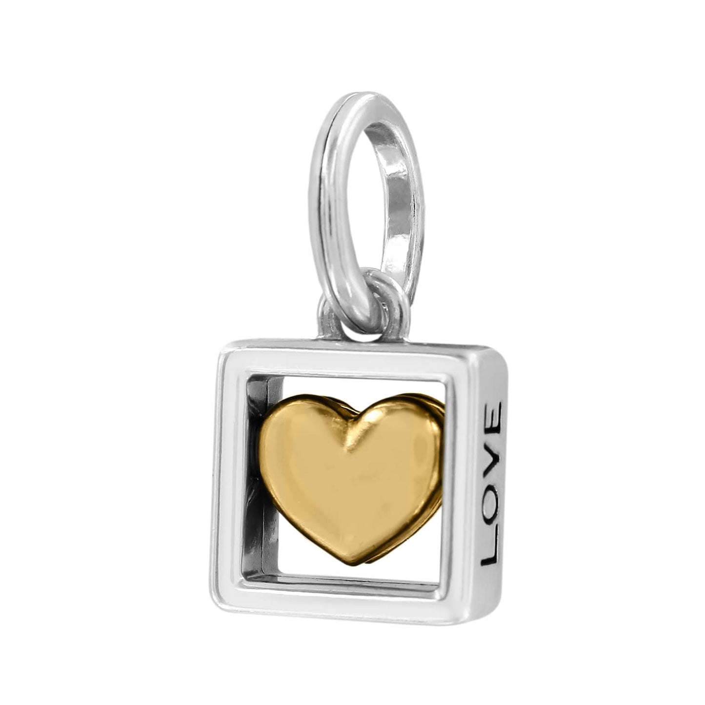 Brighton charm with gold-tone heart inside silver-tone square frame engraved with LOVE on a white background