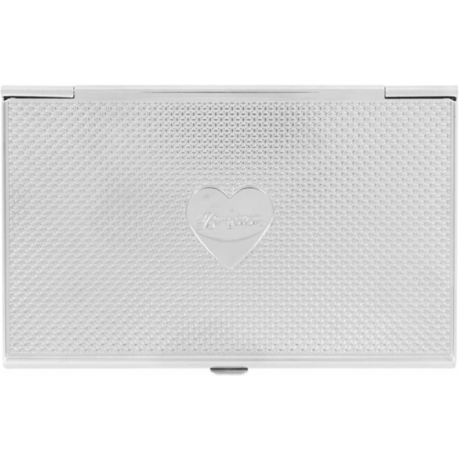 Brighton silver-tone card case with textured woven pattern and engraved heart emblem centered on a white background