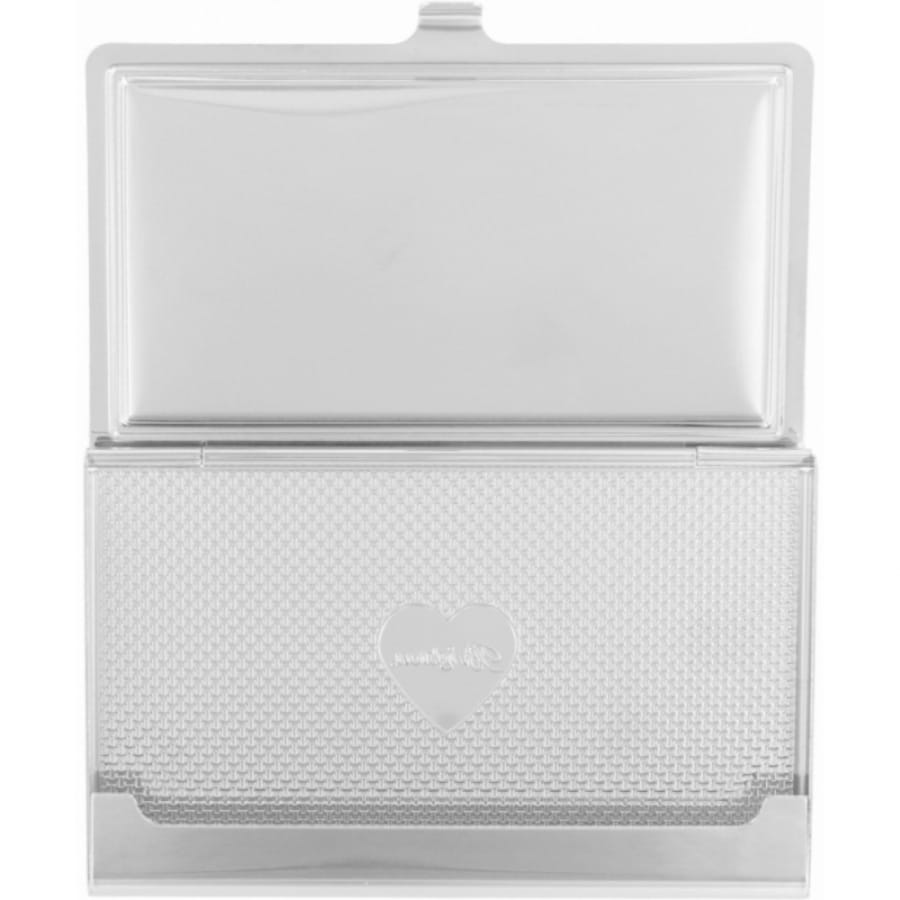 Brighton business card case shown open with silver-tone finish, textured interior, and small engraved heart on a white background